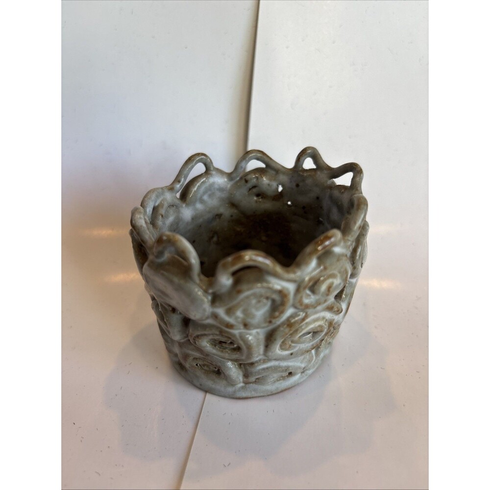 Candle Clay Ceramic Votive Candle Holder Hand Made Unique Aqua Blue Brown Swirls
